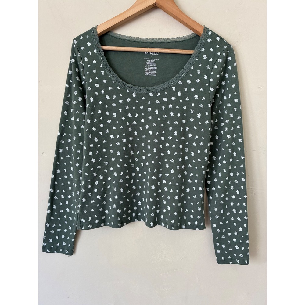 Pink Republic Green Ditsy Floral Lace Trim Ribbed Long Sleeve Top L Cottagecore